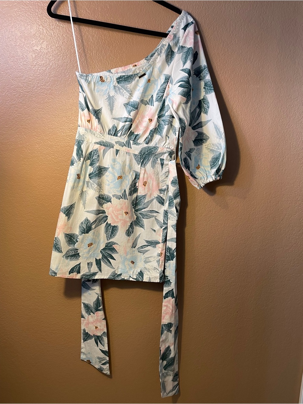 Billabong White One-Shoulder Floral Mini Dress with Pink Blooms